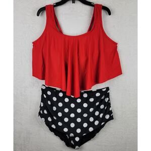 Two Piece 2XL Tankini Swimsuit Bathing Swimming Swimwear Suit Red Black Dots